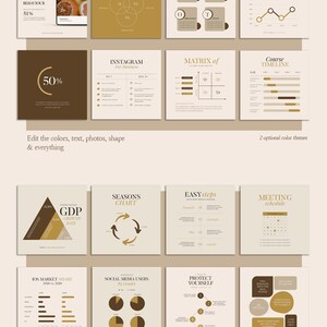 Puede incluir: Una colecci&oacute;n de plantillas de infograf&iacute;as con varios tipos de gr&aacute;ficos, incluyendo gr&aacute;ficos circulares, gr&aacute;ficos de barras, gr&aacute;ficos de l&iacute;neas y diagramas de Venn. Las plantillas est&aacute;n dise&ntilde;adas en un estilo minimalista con un esquema de color marr&oacute;n y beige. El texto incluye "Impacto del coronavirus en el comportamiento de compra", "Gr&aacute;fico de estaciones", "Pasos f&aacute;ciles", "Programaci&oacute;n de reuniones", "Cuota de mercado de iOS", "Usuarios de redes sociales por g&eacute;nero", "Prot&eacute;gete", "Cronolog&iacute;a del curso", "Instagram para empresas", "Matriz de", "Estad&iacute;sticas" y "Tasa de crecimiento del PIB".