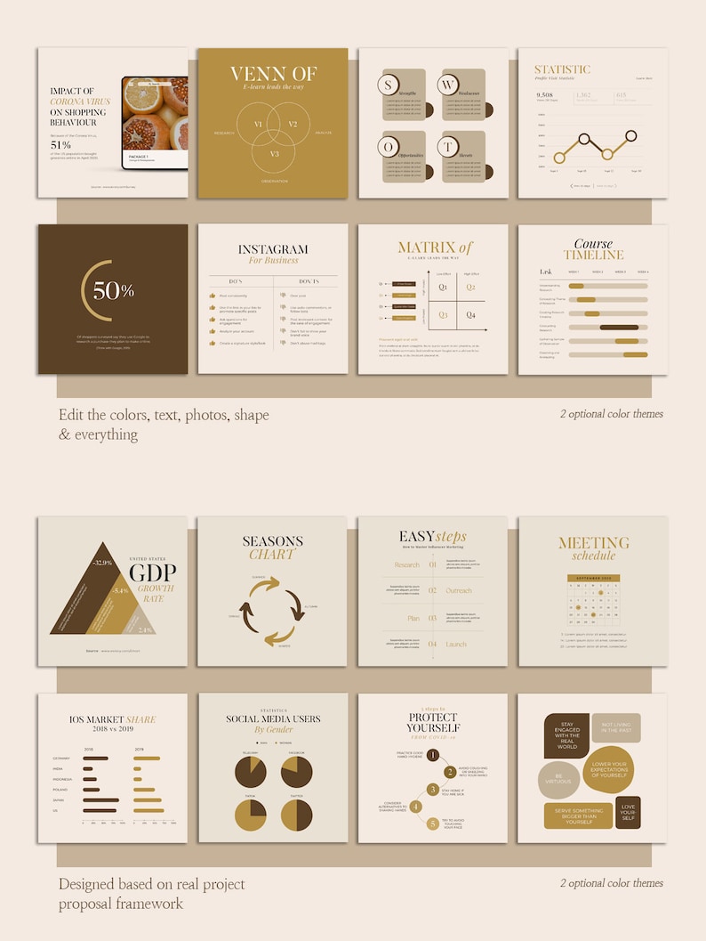 Puede incluir: Una colecci&oacute;n de plantillas de infograf&iacute;as con varios tipos de gr&aacute;ficos, incluyendo gr&aacute;ficos circulares, gr&aacute;ficos de barras, gr&aacute;ficos de l&iacute;neas y diagramas de Venn. Las plantillas est&aacute;n dise&ntilde;adas en un estilo minimalista con un esquema de color marr&oacute;n y beige. El texto incluye "Impacto del coronavirus en el comportamiento de compra", "Gr&aacute;fico de estaciones", "Pasos f&aacute;ciles", "Programaci&oacute;n de reuniones", "Cuota de mercado de iOS", "Usuarios de redes sociales por g&eacute;nero", "Prot&eacute;gete", "Cronolog&iacute;a del curso", "Instagram para empresas", "Matriz de", "Estad&iacute;sticas" y "Tasa de crecimiento del PIB".