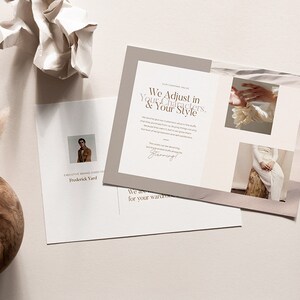 May include: A beige and white brochure with the text "We Adjust in Your Characters, Your Style" and a signature. The brochure is folded in half and has two images of people wearing white clothing.