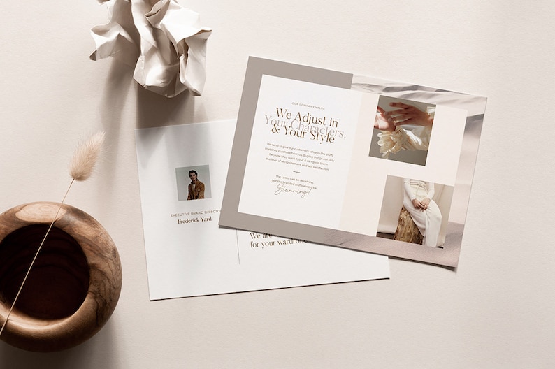 May include: A beige and white brochure with the text "We Adjust in Your Characters, Your Style" and a signature. The brochure is folded in half and has two images of people wearing white clothing.