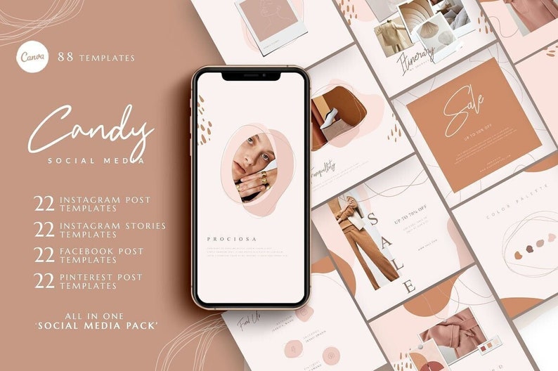 May include: A set of 88 social media templates in a pink and brown color scheme with abstract shapes and lines. The templates are designed for Instagram, Facebook, Pinterest, and Stories. The text "Candy Social Media" is featured on the image.