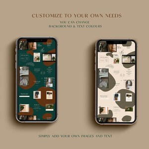 May include: Two phone screens displaying a template for a social media grid. The grid is filled with images and text. The template is customizable with different background and text colors. The text on the screen reads "CUSTOMIZE TO YOUR OWN NEEDS", "YOU CAN CHANGE", "BACKGROUND & TEXT COLORS", and "SIMPLY ADD YOUR OWN IMAGES AND TEXT".