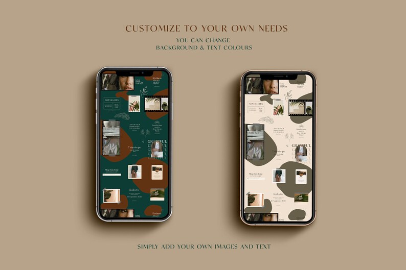 May include: Two phone screens displaying a template for a social media grid. The grid is filled with images and text. The template is customizable with different background and text colors. The text on the screen reads "CUSTOMIZE TO YOUR OWN NEEDS", "YOU CAN CHANGE", "BACKGROUND & TEXT COLORS", and "SIMPLY ADD YOUR OWN IMAGES AND TEXT".