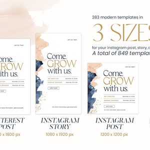 以下が含まれることがあります： 青とピンクの色合いの水彩画の背景に金色のアクセントが施された、ソーシャルメディアのテンプレートが3つあります。テンプレートのテキストは「Come. GROW with us.」です。テンプレートは、Pinterest、Instagram ストーリー、Instagram 投稿用です。各テンプレートの寸法は、テンプレートの下に記載されています。