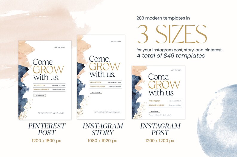 以下が含まれることがあります： 青とピンクの色合いの水彩画の背景に金色のアクセントが施された、ソーシャルメディアのテンプレートが3つあります。テンプレートのテキストは「Come. GROW with us.」です。テンプレートは、Pinterest、Instagram ストーリー、Instagram 投稿用です。各テンプレートの寸法は、テンプレートの下に記載されています。