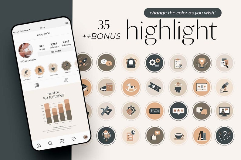 以下が含まれることがあります： ボーナスカバー付きの35個のInstagramハイライトカバーのセット。カバーは、ブラウン、ベージュ、ブラックの色でミニマルなスタイルです。カバーには、ロケット、バックパック、本、マイク、トロフィー、疑問符、コーヒーカップなどのアイコンが描かれています。