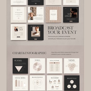 May include: A collage of social media graphics for a podcast. The graphics feature a black and white color scheme with a minimalist design. The graphics include text such as "Broadcast Your Event", "Live Talk", "Podcast", "New Episode", and "Chart & Infographic".