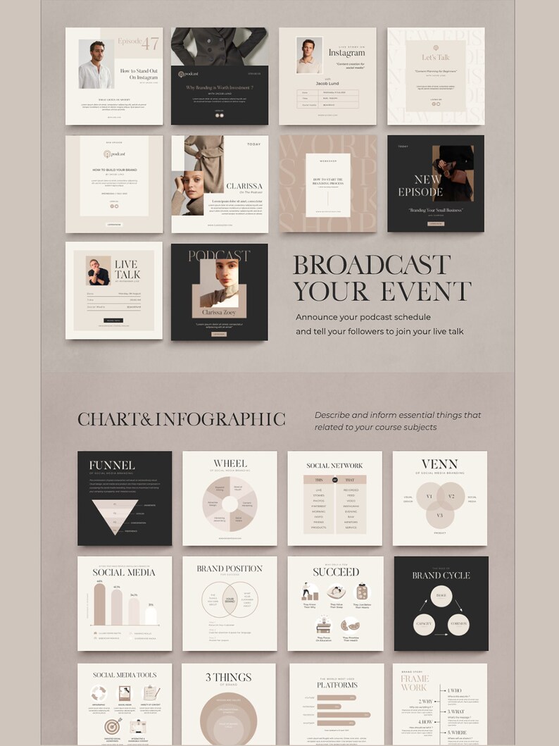 May include: A collage of social media graphics for a podcast. The graphics feature a black and white color scheme with a minimalist design. The graphics include text such as "Broadcast Your Event", "Live Talk", "Podcast", "New Episode", and "Chart & Infographic".