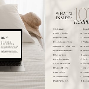 Op de afbeelding: Een laptopscherm dat een presentatieslide weergeeft met de tekst "01/03 Budget Friendly" en "Why Social Media?" De dia is onderdeel van een presentatie met 107 sjablonen. De tekst aan de rechterkant van de afbeelding geeft de verschillende soorten sjablonen weer die in de presentatie zijn opgenomen.