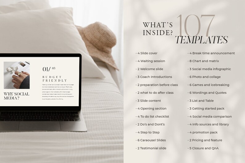 Op de afbeelding: Een laptopscherm dat een presentatieslide weergeeft met de tekst "01/03 Budget Friendly" en "Why Social Media?" De dia is onderdeel van een presentatie met 107 sjablonen. De tekst aan de rechterkant van de afbeelding geeft de verschillende soorten sjablonen weer die in de presentatie zijn opgenomen.