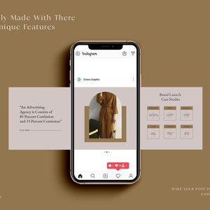 May include: A mock-up of an Instagram post with a quote about advertising agencies. The post features a photo of a woman wearing a brown dress and a brown hat. The post also includes a section for brand launch case studies.