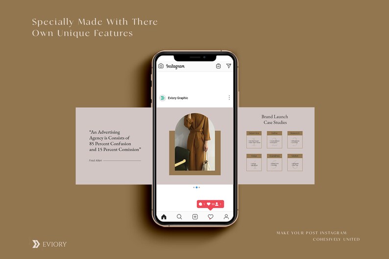 May include: A mock-up of an Instagram post with a quote about advertising agencies. The post features a photo of a woman wearing a brown dress and a brown hat. The post also includes a section for brand launch case studies.