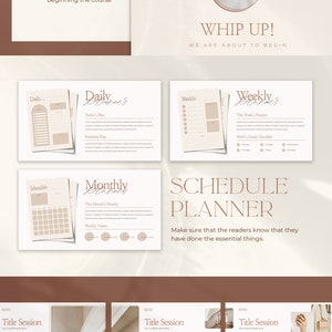 May include: A presentation template with a brown background and beige text. The text includes the words "Get this show on the road", "Intro-duction", "Whip Up! We are about to begin", "Daily Planner", "Weekly Planner", "Monthly Planner", "Schedule Planner", "Make sure that the readers know that they have done the essential things", "Carousel Slide", "One slide not enough for long explanations? Split them into three with these templates", "Title Session", and "Subheader".