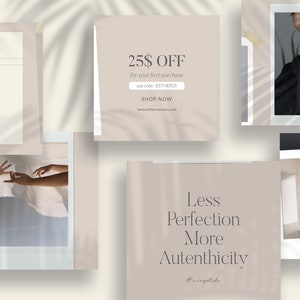 May include: A collage of four images with a beige background. The top left image is a memo pad with the text "MEMO" and "Remember why you started". The top right image is a discount offer for 25% off with the text "25$ OFF for your first purchase, use code: ESTHER25, SHOP NOW". The bottom left image is a quote that reads "Less Perfection More Authenticity" with the text "@rangstide" below. The bottom right image is a photo of a room with a staircase.