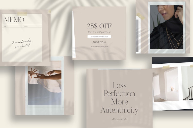 May include: A collage of four images with a beige background. The top left image is a memo pad with the text "MEMO" and "Remember why you started". The top right image is a discount offer for 25% off with the text "25$ OFF for your first purchase, use code: ESTHER25, SHOP NOW". The bottom left image is a quote that reads "Less Perfection More Authenticity" with the text "@rangstide" below. The bottom right image is a photo of a room with a staircase.