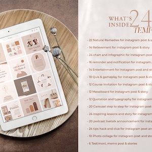 May include: A tablet computer displaying a collection of 240 Instagram post and story templates. The templates are organised into categories, such as natural remedies, charts and infographics, reminders, entertainment, quizzes, course invitations, moodboards, quotations, carousels, inspiring lessons, podcasts, tips, photo collages, and testimonials. The tablet is on a wooden surface.