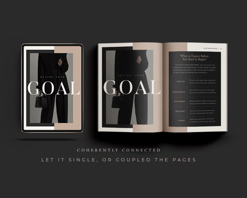 May include: A digital tablet and a magazine open to a page with the text "GOAL" and a description of what to expect before starting a goal. The text on the magazine page is "What to Expect Before You Start to Begin?" and includes the acronym SMART, which stands for Specific, Measurable, Attainable, Relevant, and Timely.