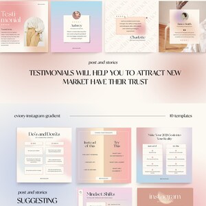 Puede incluir: Una colecci&oacute;n de plantillas de publicaciones e historias de Instagram con un fondo degradado en tonos rosa, melocot&oacute;n y beige. Las plantillas presentan texto como "Los testimonios te ayudar&aacute;n a atraer nuevos clientes y a ganar su confianza", "Qu&eacute; hacer y qu&eacute; no hacer", "En lugar de esto, prueba esto", "Cambios de mentalidad", "Convierte tus objetivos de 2021 en tu realidad" y "Instagram: qu&eacute; hacer y qu&eacute; no hacer".