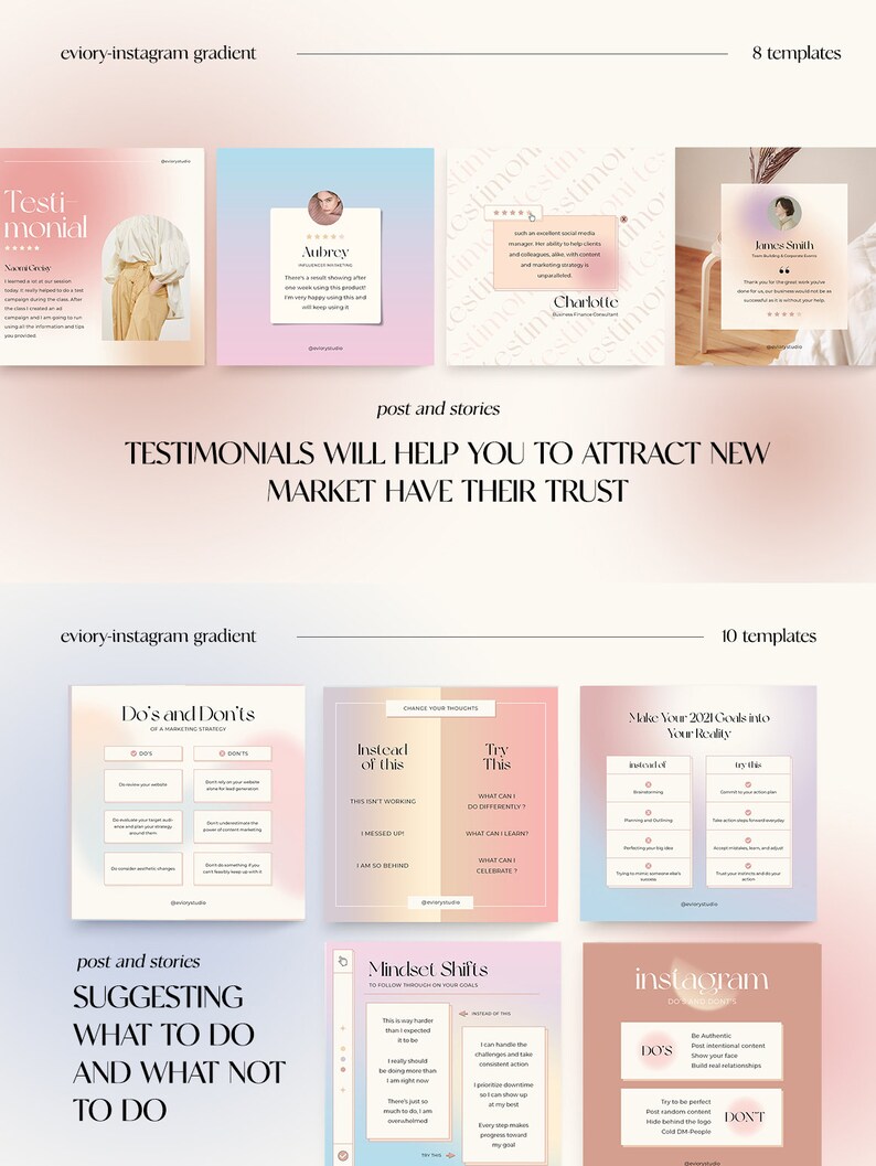 Puede incluir: Una colecci&oacute;n de plantillas de publicaciones e historias de Instagram con un fondo degradado en tonos rosa, melocot&oacute;n y beige. Las plantillas presentan texto como "Los testimonios te ayudar&aacute;n a atraer nuevos clientes y a ganar su confianza", "Qu&eacute; hacer y qu&eacute; no hacer", "En lugar de esto, prueba esto", "Cambios de mentalidad", "Convierte tus objetivos de 2021 en tu realidad" y "Instagram: qu&eacute; hacer y qu&eacute; no hacer".