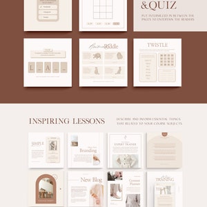 May include: A digital planner template with a beige background and brown accents. The template includes sections for "Inspiring Lessons", "Games & Quiz", and "Simple".
