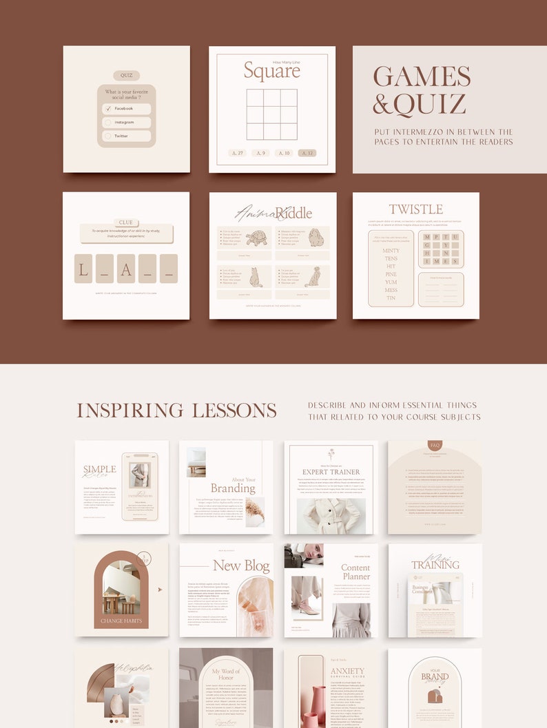 May include: A digital planner template with a beige background and brown accents. The template includes sections for "Inspiring Lessons", "Games & Quiz", and "Simple".