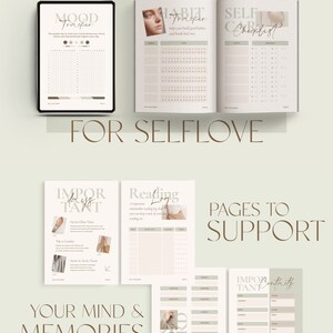 May include: A set of printable pages for a self-care journal with a green and brown colour scheme. The pages include sections for tracking mood, habits, self-care checklists, important dates, reading logs, and a pass word journal.