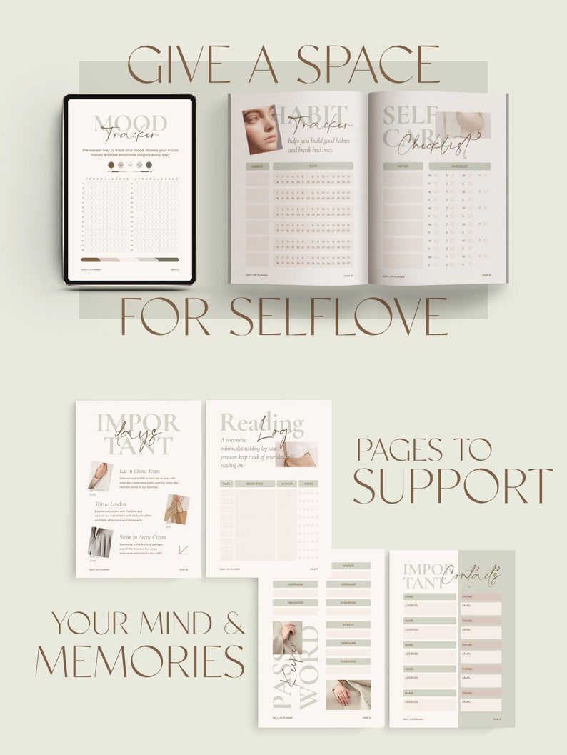 May include: A set of printable pages for a self-care journal with a green and brown colour scheme. The pages include sections for tracking mood, habits, self-care checklists, important dates, reading logs, and a pass word journal.
