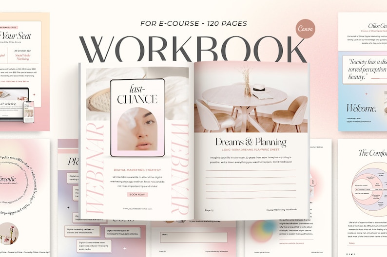 Pu&ograve; includere: Un quaderno di lavoro rosa e bianco con il titolo "WORKBOOK" in grandi lettere nere. Il quaderno &egrave; aperto a una pagina con il titolo "Dreams & Planning" e una sezione per "Long-Term Dream Planning Sheet". La pagina presenta anche un'illustrazione rosa e bianca di un tavolo e sedie.