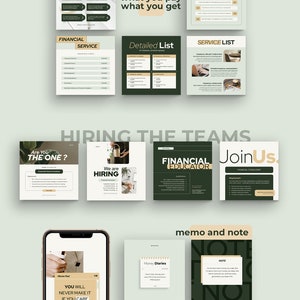 May include: A collection of green and gold themed social media graphics for a financial services business. The graphics include text such as "Finance Class", "Key Features", "What You Pay", "What You Get", "Financial Service", "Detailed List", "Service List", "Hiring The Teams", "Are You The One?", "We Are Hiring", "Financial Educator", "Join Us", "Memo and Note", "Money Diaries", "Note", "Remember", "Things To", "Today".