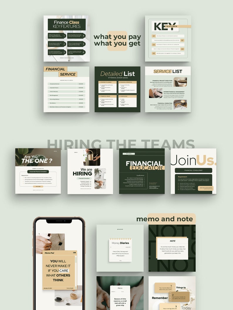 May include: A collection of green and gold themed social media graphics for a financial services business. The graphics include text such as "Finance Class", "Key Features", "What You Pay", "What You Get", "Financial Service", "Detailed List", "Service List", "Hiring The Teams", "Are You The One?", "We Are Hiring", "Financial Educator", "Join Us", "Memo and Note", "Money Diaries", "Note", "Remember", "Things To", "Today".