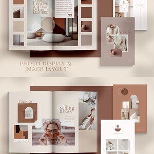 May include: A mood board with images and text about creativity, leadership, and selling ideas. The images are in a neutral color palette of beige, brown, and white. The text includes the phrases "Great Leader Create More Leaders", "Everyone is Creative", "Creative Media", and "Selling Ideas".