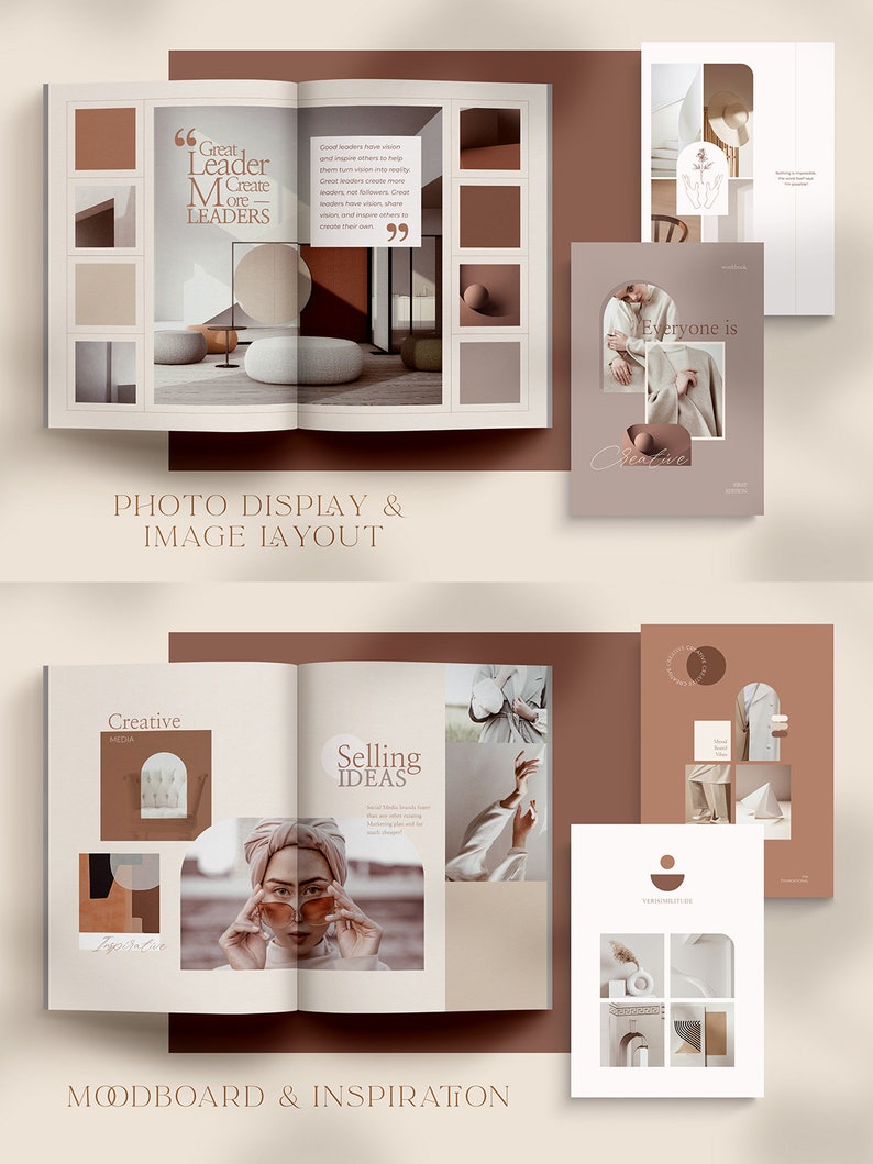 May include: A mood board with images and text about creativity, leadership, and selling ideas. The images are in a neutral color palette of beige, brown, and white. The text includes the phrases "Great Leader Create More Leaders", "Everyone is Creative", "Creative Media", and "Selling Ideas".