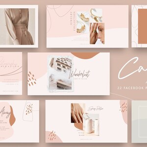May include: A collection of 22 Facebook post templates in a pink and brown color scheme with abstract shapes and text overlays. The templates feature images of jewelry, a building, a person, and a ceramic vase. The text includes "New Arrivals", "Jewelry Collection", "Wanderlust", "Give Away", "Spring Rise", "Quote Today", and "Candy".