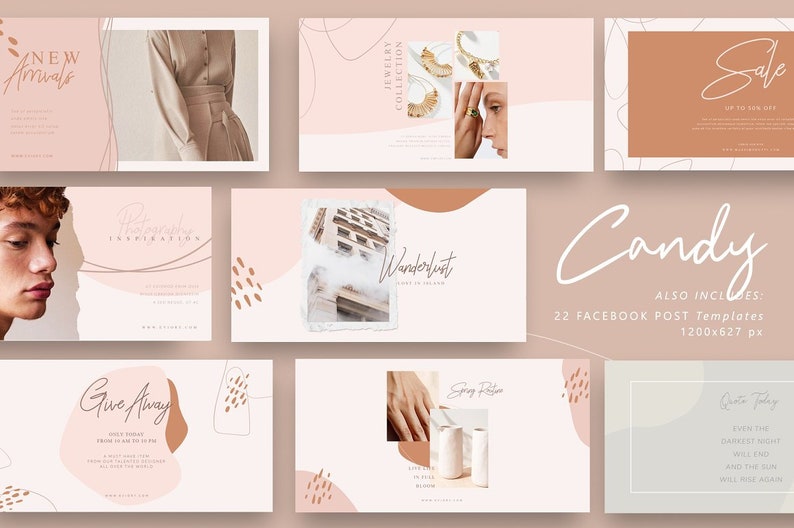 May include: A collection of 22 Facebook post templates in a pink and brown color scheme with abstract shapes and text overlays. The templates feature images of jewelry, a building, a person, and a ceramic vase. The text includes "New Arrivals", "Jewelry Collection", "Wanderlust", "Give Away", "Spring Rise", "Quote Today", and "Candy".