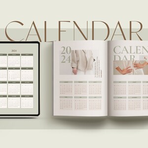 May include: A calendar for the year 2024, displayed on a tablet, a magazine, and a book. The calendar is in a minimalist style with a neutral colour palette.