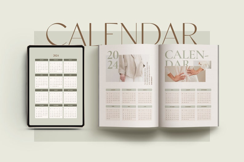 May include: A calendar for the year 2024, displayed on a tablet, a magazine, and a book. The calendar is in a minimalist style with a neutral colour palette.