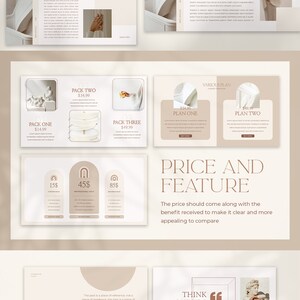 May include: A beige and brown presentation template with the text "Study Case" and "Price and Feature". The template includes images of a person, a sculpture, and a quote about love. The template also includes a pricing table with three different options.