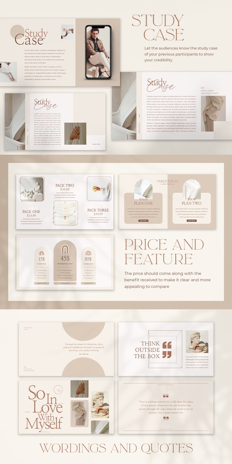 May include: A beige and brown presentation template with the text "Study Case" and "Price and Feature". The template includes images of a person, a sculpture, and a quote about love. The template also includes a pricing table with three different options.