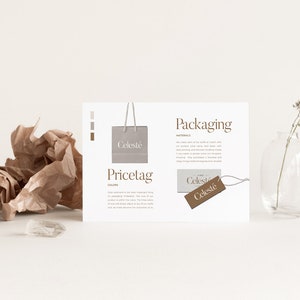 May include: A white card with the words "Packaging" and "Pricetag" printed on it. The card shows a mockup of a brown paper bag with the word "Celestie" printed on it. There is also a mockup of a brown paper price tag with the word "Celestie" printed on it.