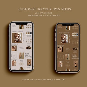 May include: Two phone screens displaying a template for a social media post. The template is designed for a branding agency and includes sections for vision and mission, trial and goals, branding agencies, and your vision matters. The template is customizable with your own images and text.