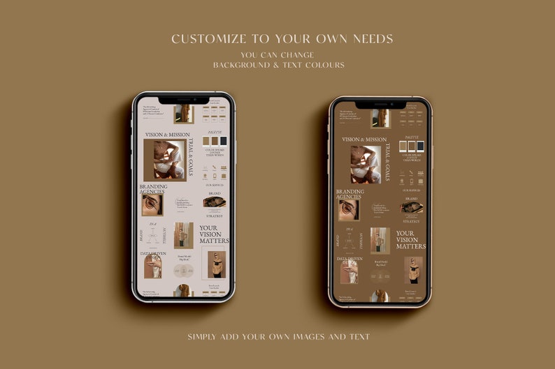 May include: Two phone screens displaying a template for a social media post. The template is designed for a branding agency and includes sections for vision and mission, trial and goals, branding agencies, and your vision matters. The template is customizable with your own images and text.