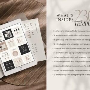 May include: A tablet displaying a collection of 230 Instagram post and story templates. The templates are organized into categories such as charts, infographics, reminders, and more. The text "WHAT'S INSIDE?" is displayed at the top of the image.