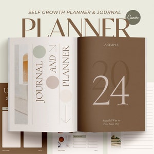 May include: A self-growth planner and journal with a brown and white cover. The cover features the text "PLANNER" in large, bold letters and the text "JOURNAL AND PLANNER" in smaller letters. The cover also features a simple design with a brown background and white circles.