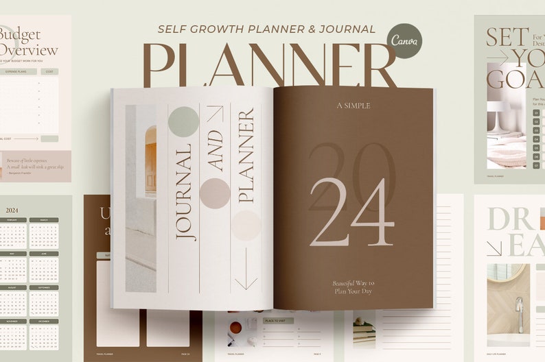 May include: A self-growth planner and journal with a brown and white cover. The cover features the text "PLANNER" in large, bold letters and the text "JOURNAL AND PLANNER" in smaller letters. The cover also features a simple design with a brown background and white circles.