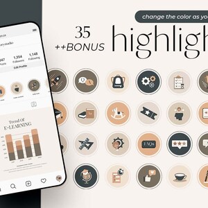 Puede incluir: 35 portadas de destacados de Instagram con una portada adicional. Las portadas son de estilo minimalista con un fondo beige e iconos marrones, negros y blancos. Los iconos incluyen un cohete, una mochila, engranajes, una lista de verificaci&oacute;n, un trofeo, una lupa, una gorra de graduaci&oacute;n, un libro, un caballito de balanc&iacute;n, un boleto, una bombilla, un bot&oacute;n de reproducci&oacute;n, un micr&oacute;fono, un transportador, un oso, un signo de porcentaje, tres estrellas, un globo de di&aacute;logo, una pantalla de computadora, un globo terr&aacute;queo, una lista de tareas, un pulgar hacia arriba, una taza de caf&eacute;, una pila de libros y un signo de interrogaci&oacute;n.