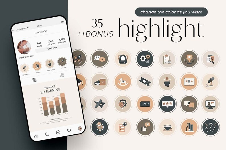 Puede incluir: 35 portadas de destacados de Instagram con una portada adicional. Las portadas son de estilo minimalista con un fondo beige e iconos marrones, negros y blancos. Los iconos incluyen un cohete, una mochila, engranajes, una lista de verificaci&oacute;n, un trofeo, una lupa, una gorra de graduaci&oacute;n, un libro, un caballito de balanc&iacute;n, un boleto, una bombilla, un bot&oacute;n de reproducci&oacute;n, un micr&oacute;fono, un transportador, un oso, un signo de porcentaje, tres estrellas, un globo de di&aacute;logo, una pantalla de computadora, un globo terr&aacute;queo, una lista de tareas, un pulgar hacia arriba, una taza de caf&eacute;, una pila de libros y un signo de interrogaci&oacute;n.