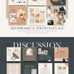 以下が含まれることがあります： ニュートラルなカラーパレットの画像のコラージュで、ムードボード、ディスカッション、遠隔学習に関するテキストが掲載されています。画像には、ノートに書き込んでいる人、本を読んでいる人、ラップトップで作業している人が写っています。テキストはモダンでミニマルなフォントです。