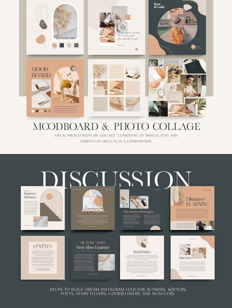 以下が含まれることがあります： ニュートラルなカラーパレットの画像のコラージュで、ムードボード、ディスカッション、遠隔学習に関するテキストが掲載されています。画像には、ノートに書き込んでいる人、本を読んでいる人、ラップトップで作業している人が写っています。テキストはモダンでミニマルなフォントです。