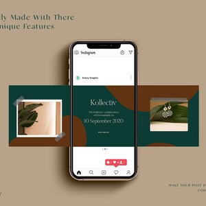 May include: A phone screen mockup showing a social media post for a jewelry collaboration called "Kollectiv". The post is set against a green and brown background with images of leaves and earrings. The text on the post reads "The Kollectiv collaboration will be available on 10 September 2020."