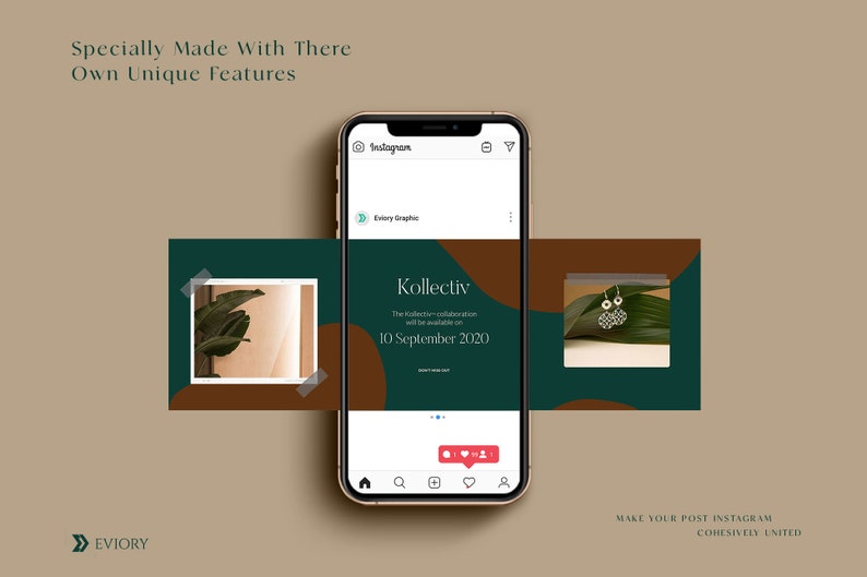 May include: A phone screen mockup showing a social media post for a jewelry collaboration called "Kollectiv". The post is set against a green and brown background with images of leaves and earrings. The text on the post reads "The Kollectiv collaboration will be available on 10 September 2020."